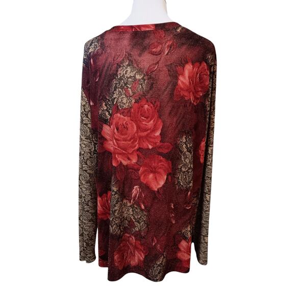 VINTAGE STONEBRIDGE Top Blouse Shirt Roses Floral Sparkles‎ Size XL Red Gold - Picture 9 of 9